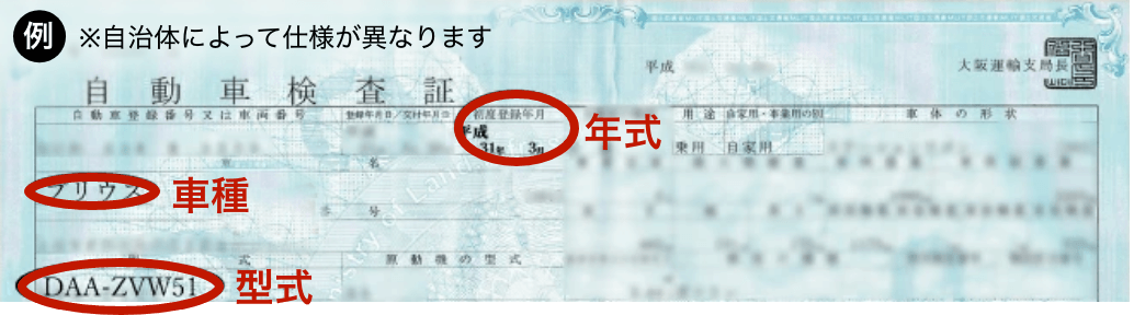 「車検証」から「車種」「型式」「年式」をご確認ください。